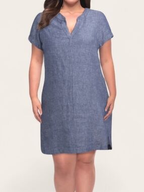 TAHARI Shift Dress Linen Short Sleeve Split Neck Mini Dress Blue